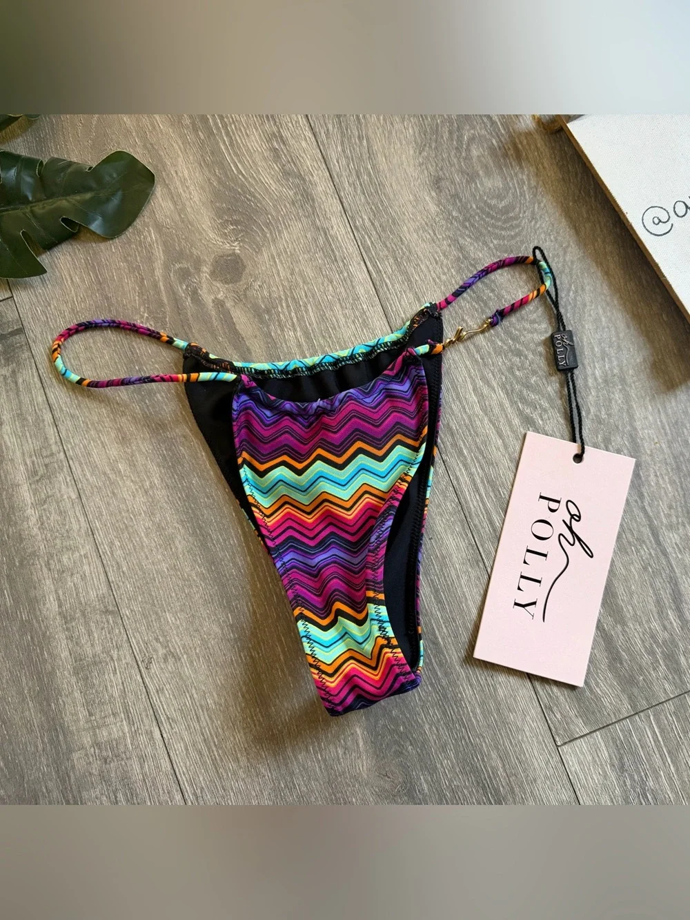 Azure by Oh Polly Swim High Leg Slender Strap Chevron Thong Bikini Bottom XS NWT